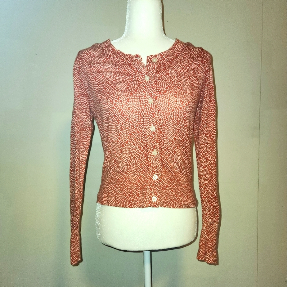 Banana Republic Rust Pumpkin Orange White Polka Dot Button Up Cardigan Small EUC